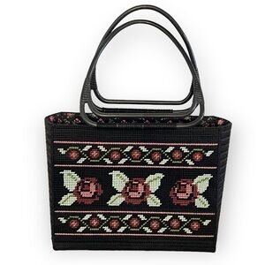 VINTAGE Handmade Needlepoint Rose Tote Bag Black Pink Green Grandma Granny